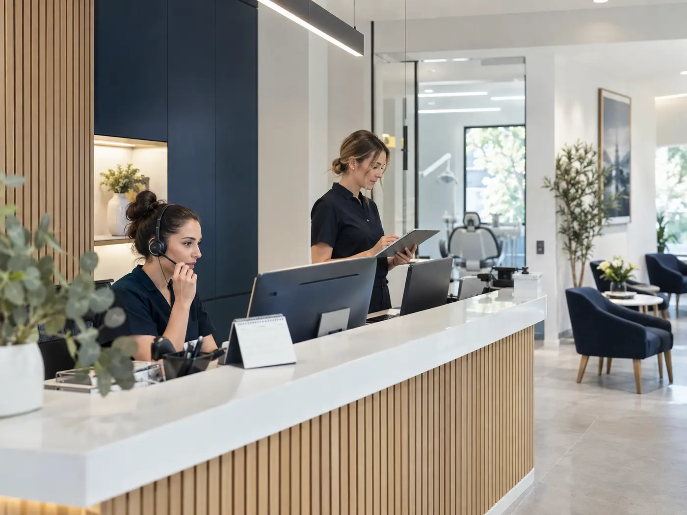 Equipo de recepción dental coordinando llamadas y agenda